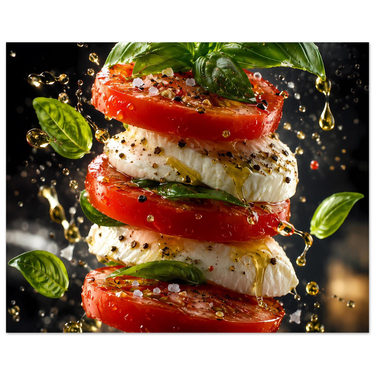 Querformat-Küchenposter: gestapelte Tomaten und Mozzarella mit Basilikumblättern