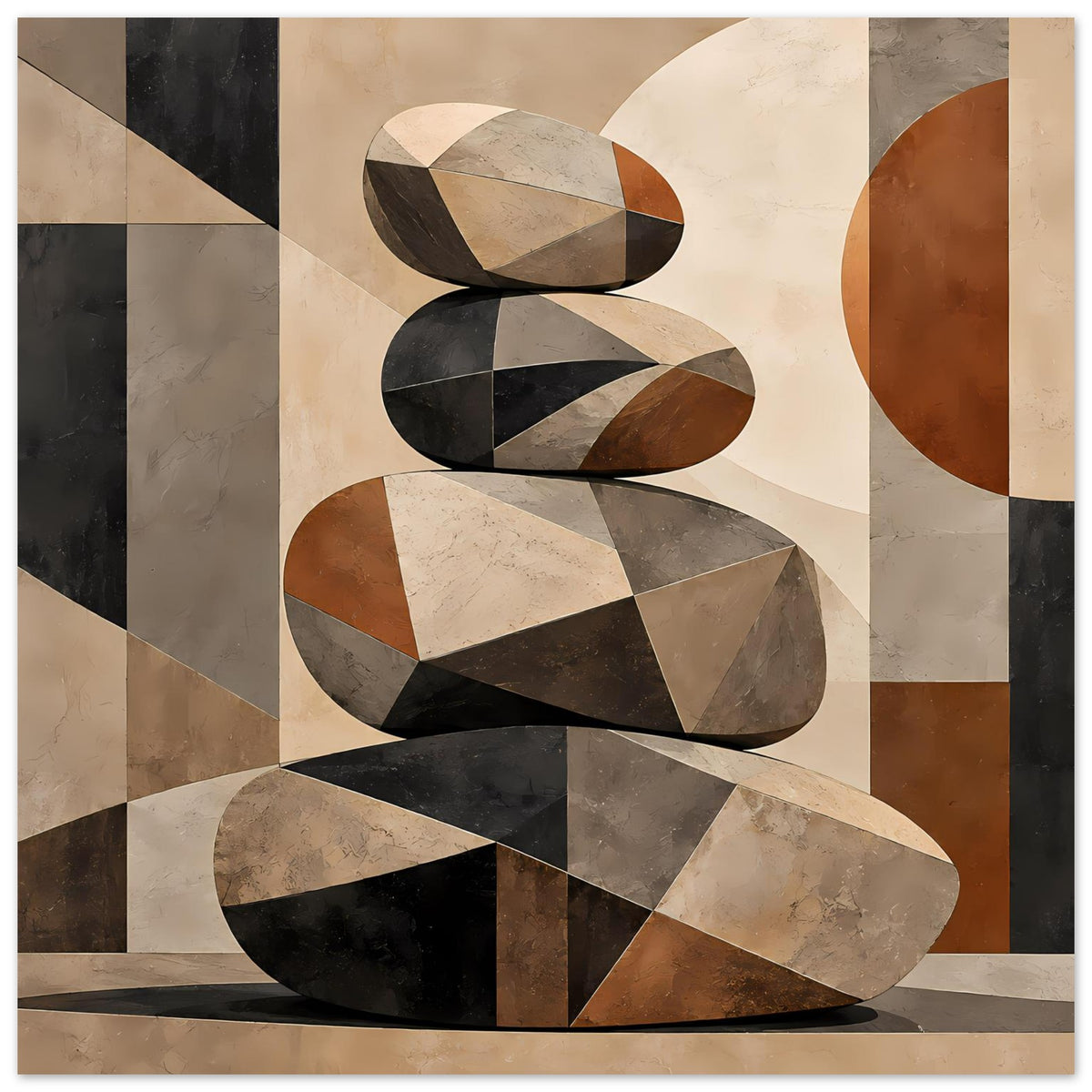 Zen-Poster: geometrischer Steinstapel mit erdigen Farben und geschwungenen Segmenten.
