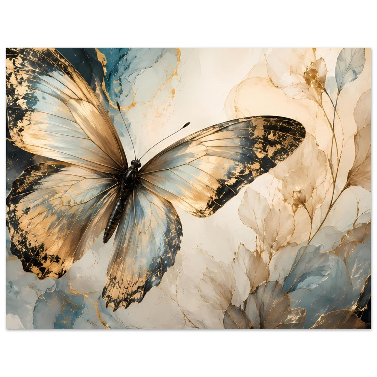Schmetterlings-Poster waagerecht mit gold-blauen Flügeln und beigen Blättern