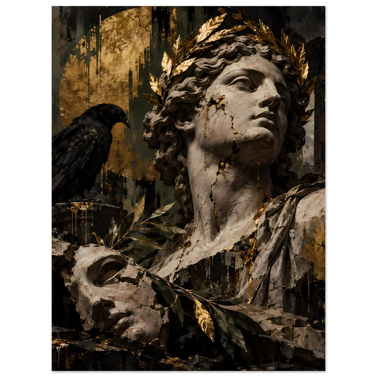 Barockes Poster mit Statue im Detail, goldene Lorbeerzweige und schwarzer Vogel