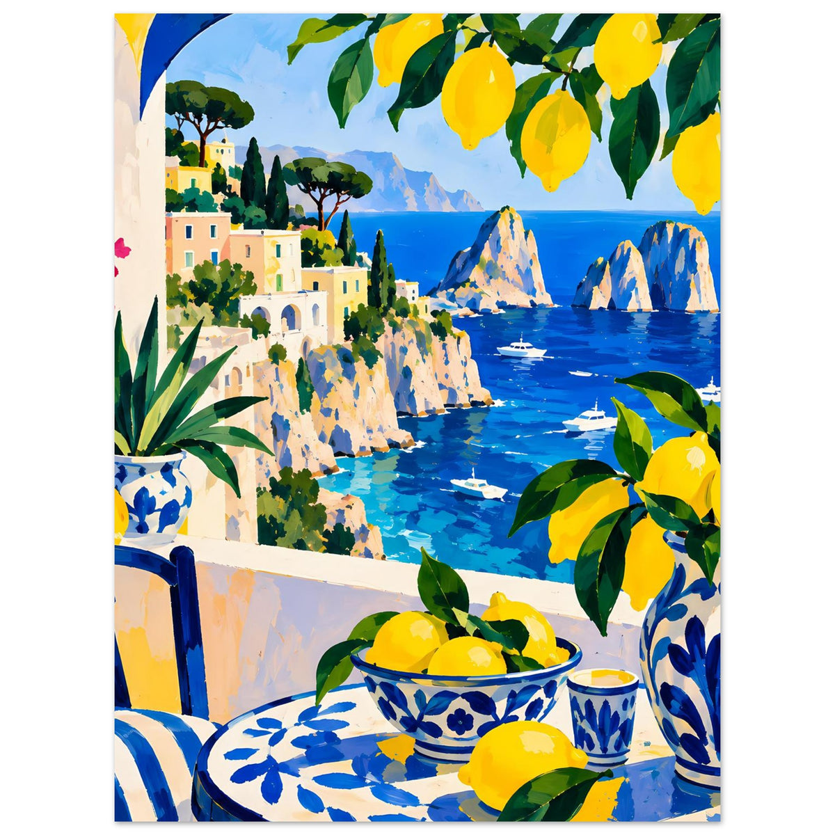 Zitrus-Poster mit gelben Zitronen, blauem Meer und mediterraner Küstenstadt, bunt gestaltet