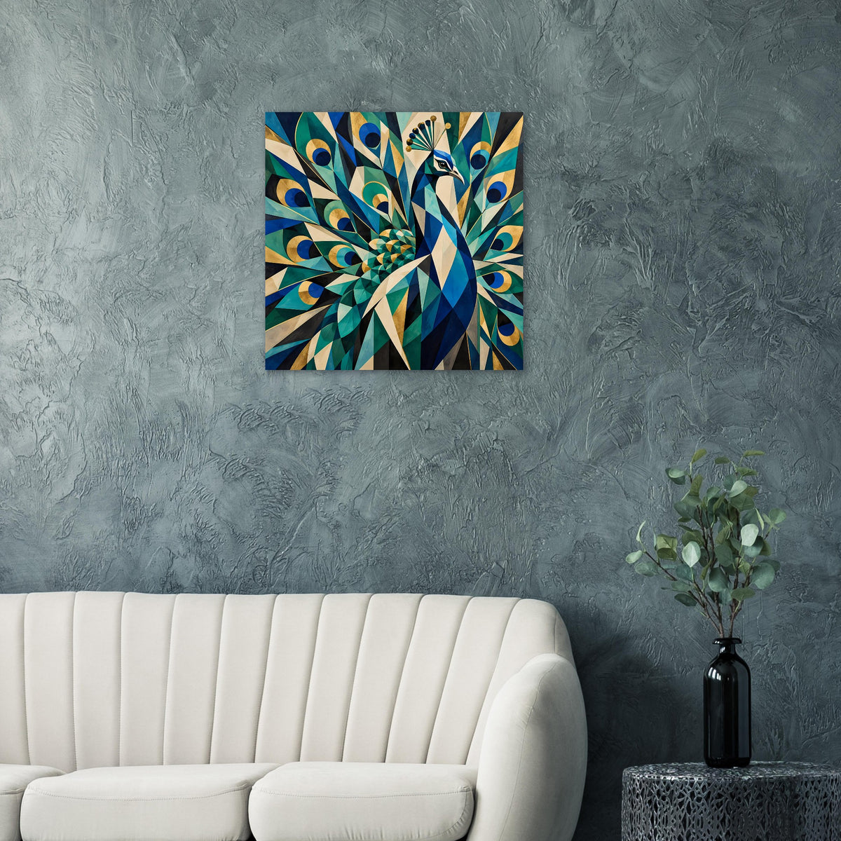 Quadratisches geometrisches Pfauenposter in Blau und Gold