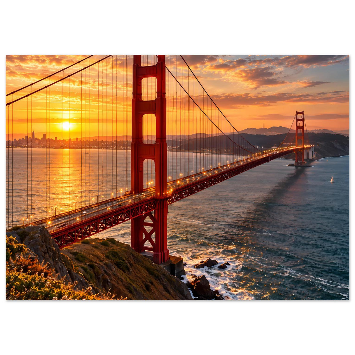 Querformat-Poster mit Golden Gate Bridge, roter Hauptturm über dem Wasser