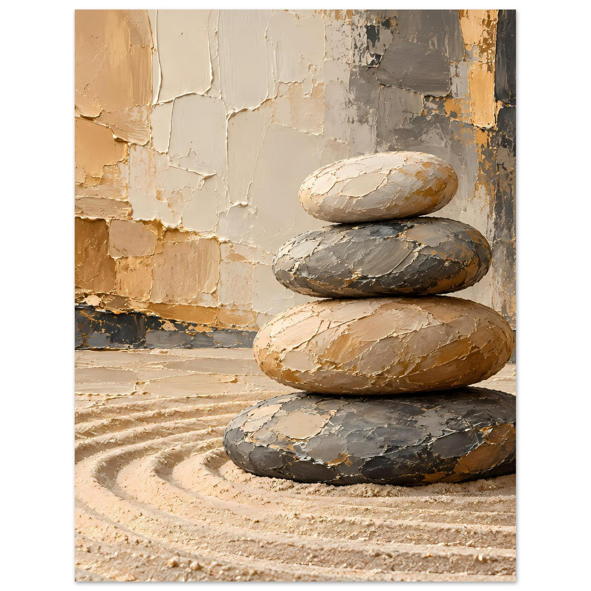 Hochformatiges Zen-Poster: Stapel aus vier Flachsteinen, warmes Erdtönemuster