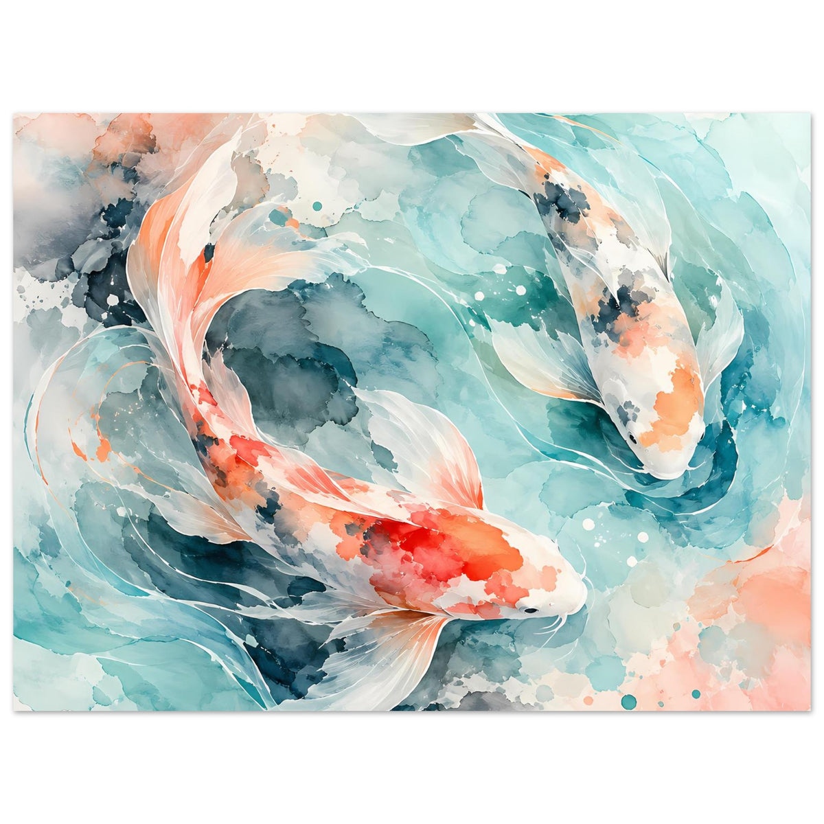 Querformatiges Poster mit Aquarell-Koi-Fischpaar, Türkis, Lachs und graue Bereiche