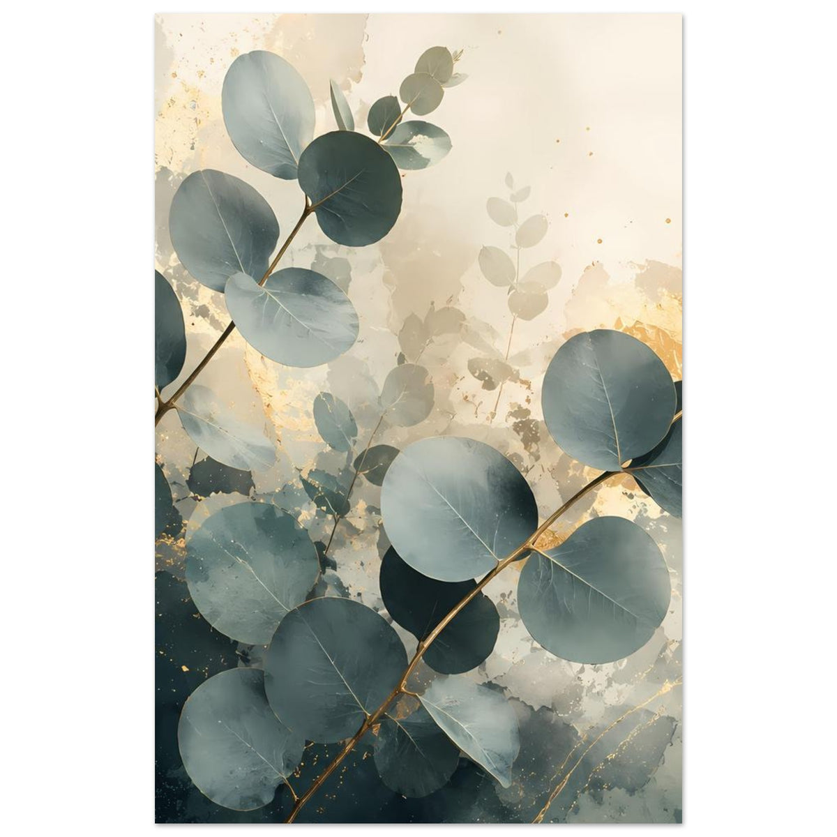 Vertikales Eukalyptus-Poster mit blaugrauen Blättern, goldenen Akzenten und Zweigen