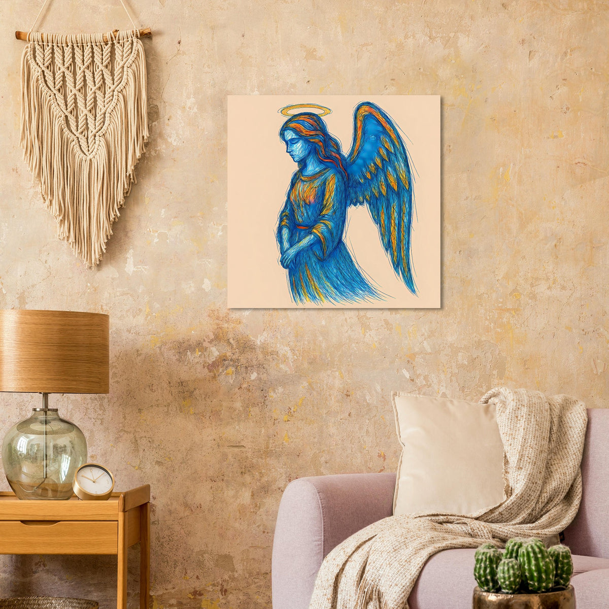Poster mit blauem Engel mit goldenem Heiligenschein, Flügeln und drapiertem Mantel