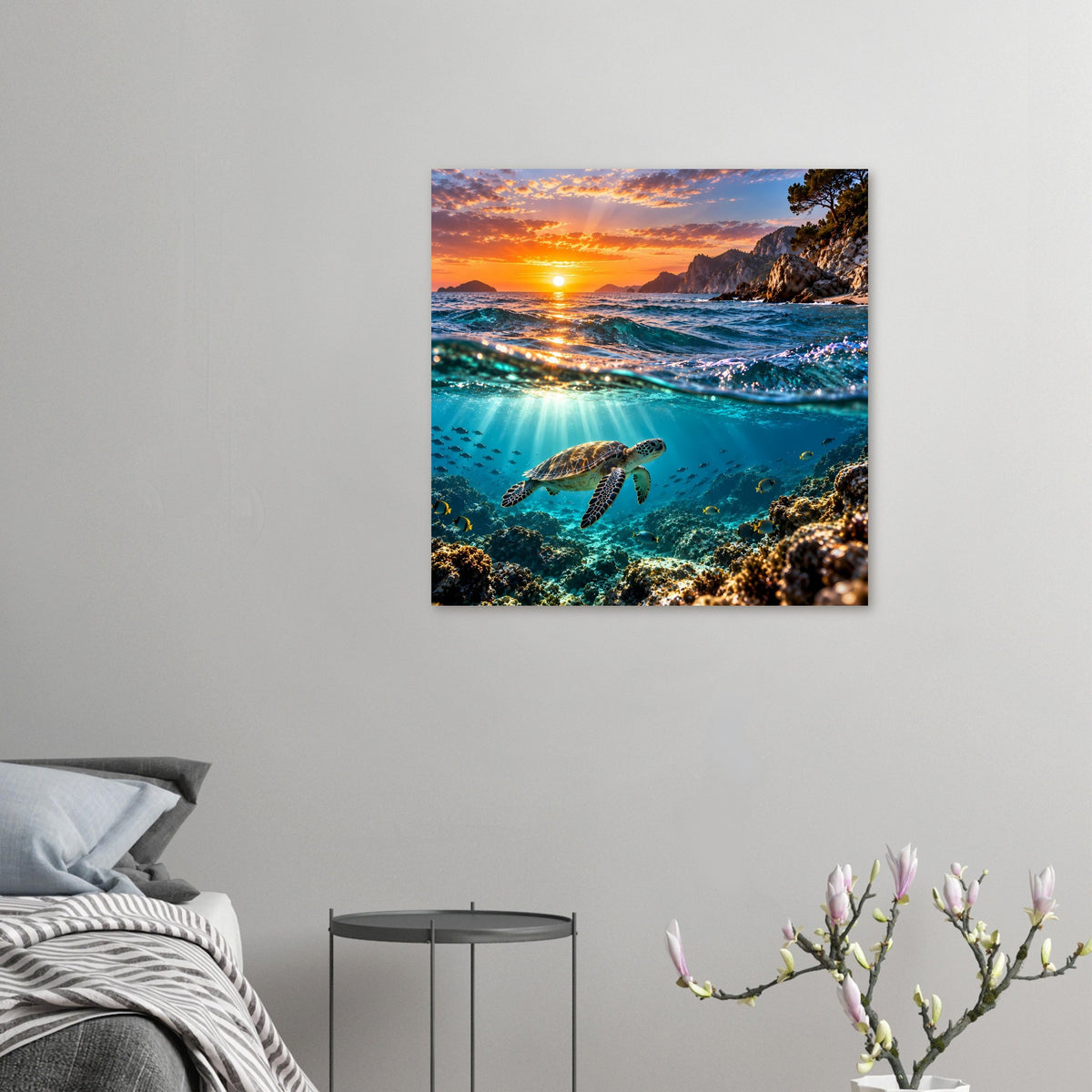 Kleines Wandposter mit Meeresschildkröte im Wasser, Sonnenuntergang am Meer