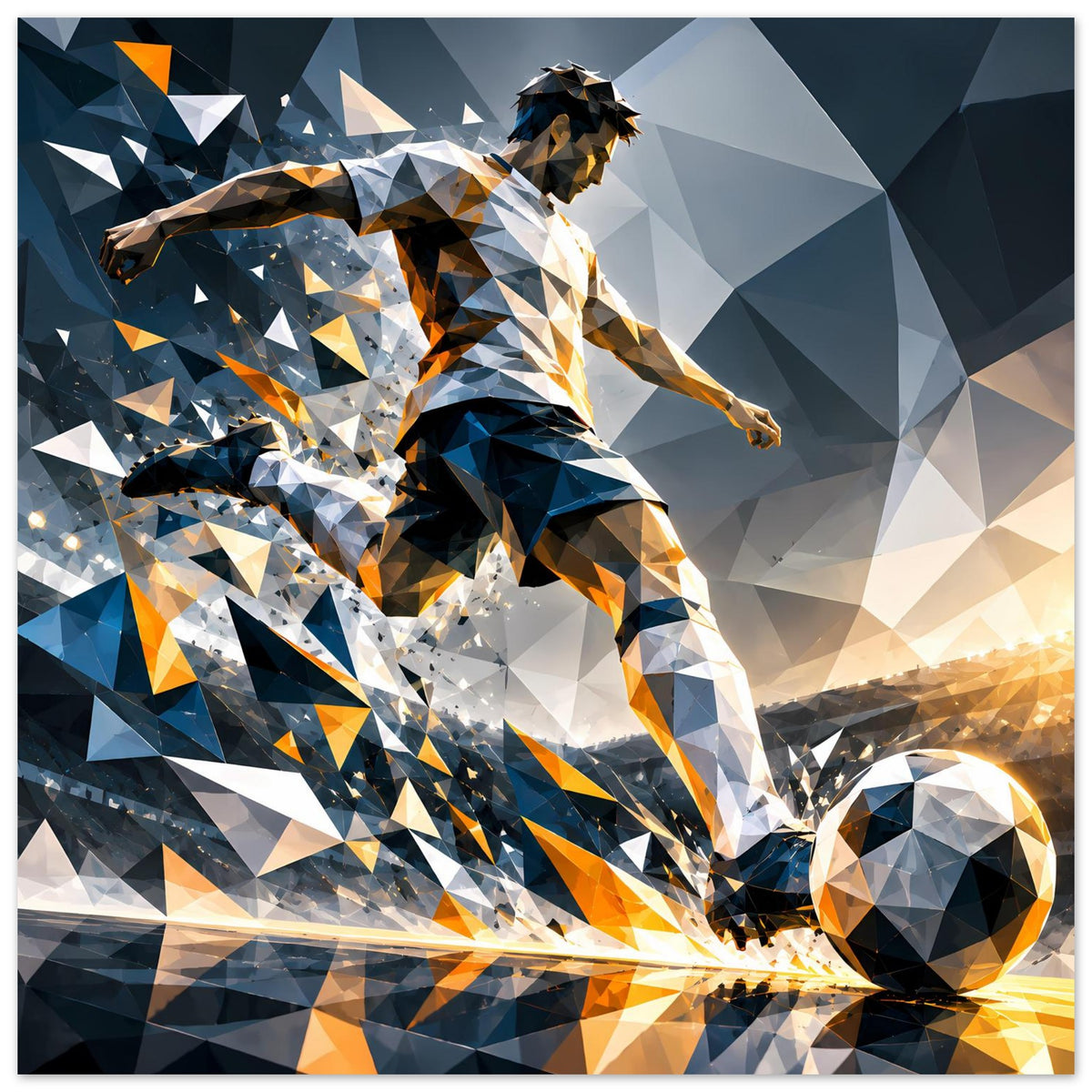 Fußballposter im Hochformat: Spieler und Ball unten rechts, kräftige Blau-Orange-Geometrie.