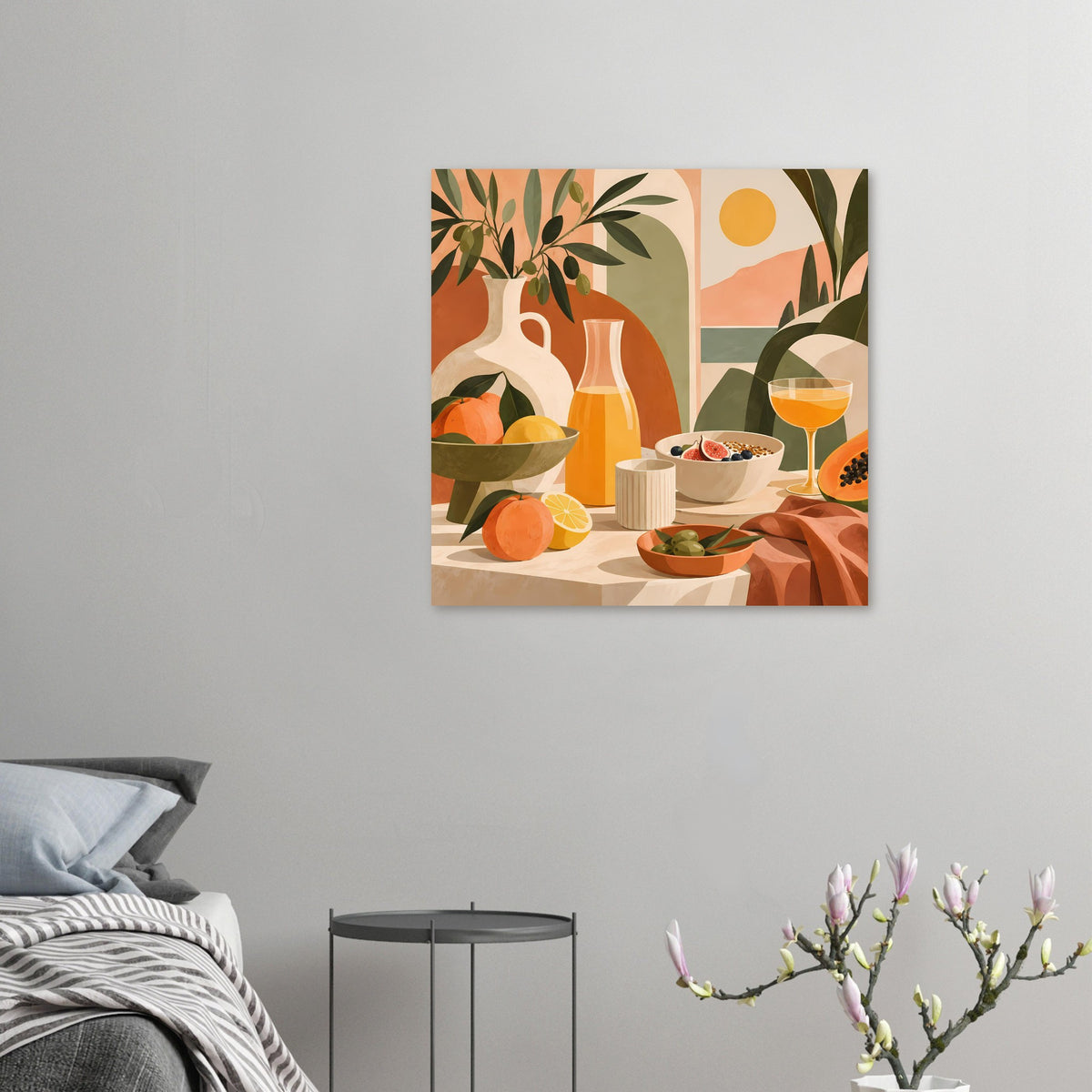 Kleines Küchen-Poster mit mediterranem Stillleben: Vase, Obst, Schüssel und Weinglas