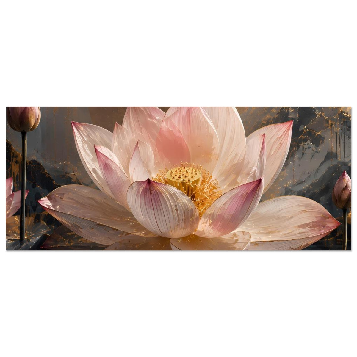 Querformat-Poster mit rosa Lotusblüte und goldener Staubnarbe, goldenem Mond