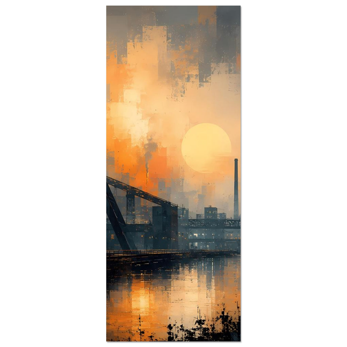 Industriepanorama Poster (hochkant): Schornsteine, orangefarbene Sonne und Spiegelung im Wasser