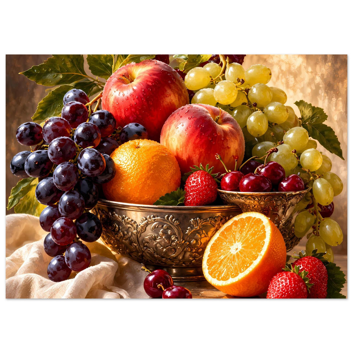 Fruchtstillleben-Poster mit Traubenbouquet, Äpfeln, Orange und Erdbeeren in Schale