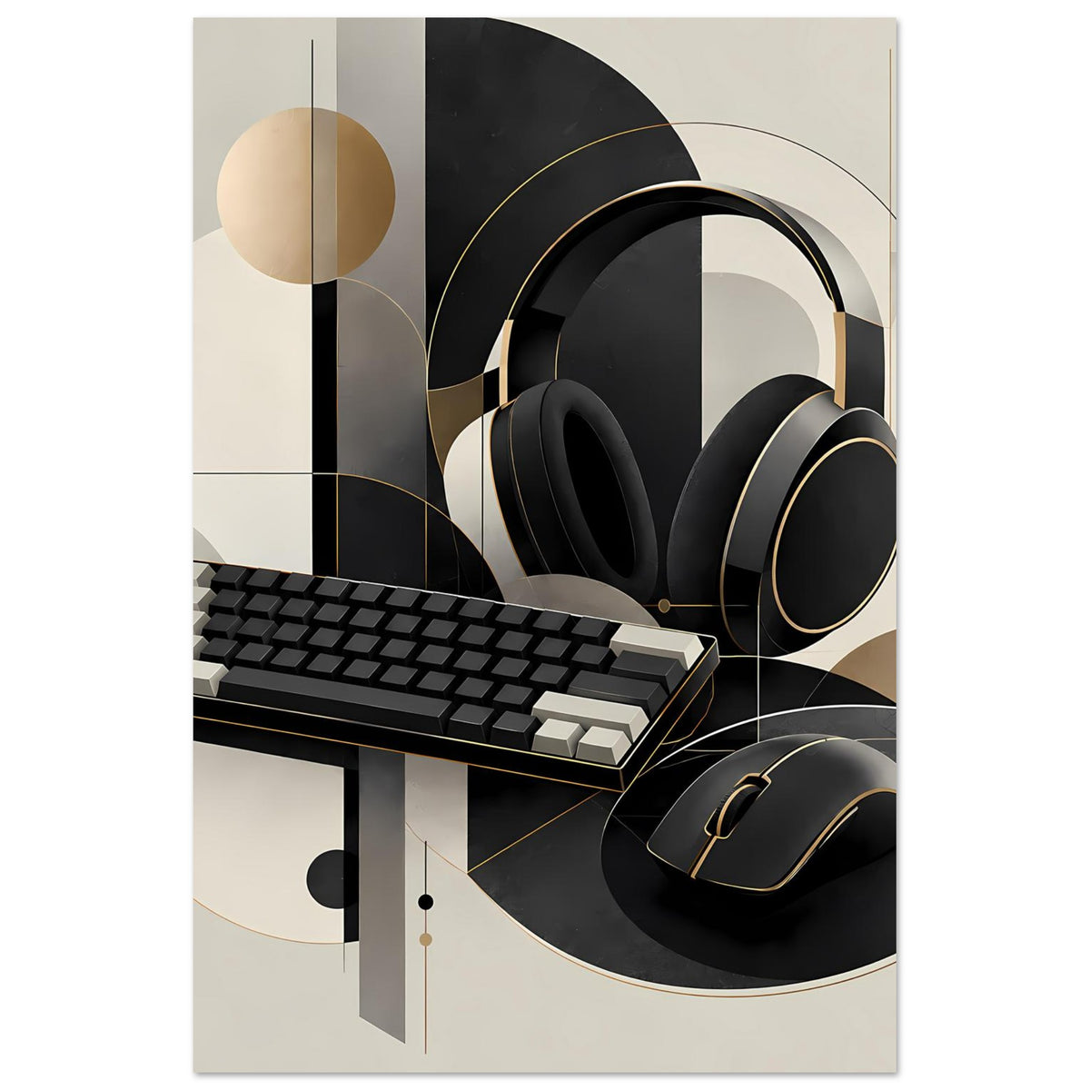 Gaming-Poster Ausschnitt mit schwarzem Headset und Maus sowie Tastatur in Gold-Beige-Geometrie