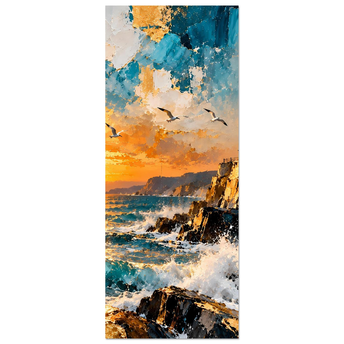 Matte Kunstdruck mit Leuchtturm, Sonnenuntergang und aufgewühlten Ozeanwellen (hochkant)