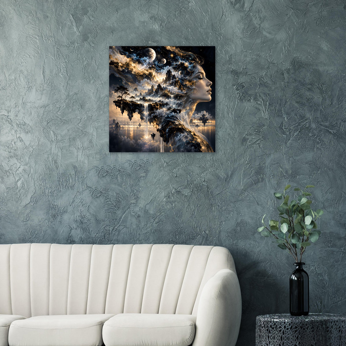 Gerahmter Kunstdruck: Nachtkosmos mit Frauenprofil, Mond am Himmel und dramatischen Wolken
