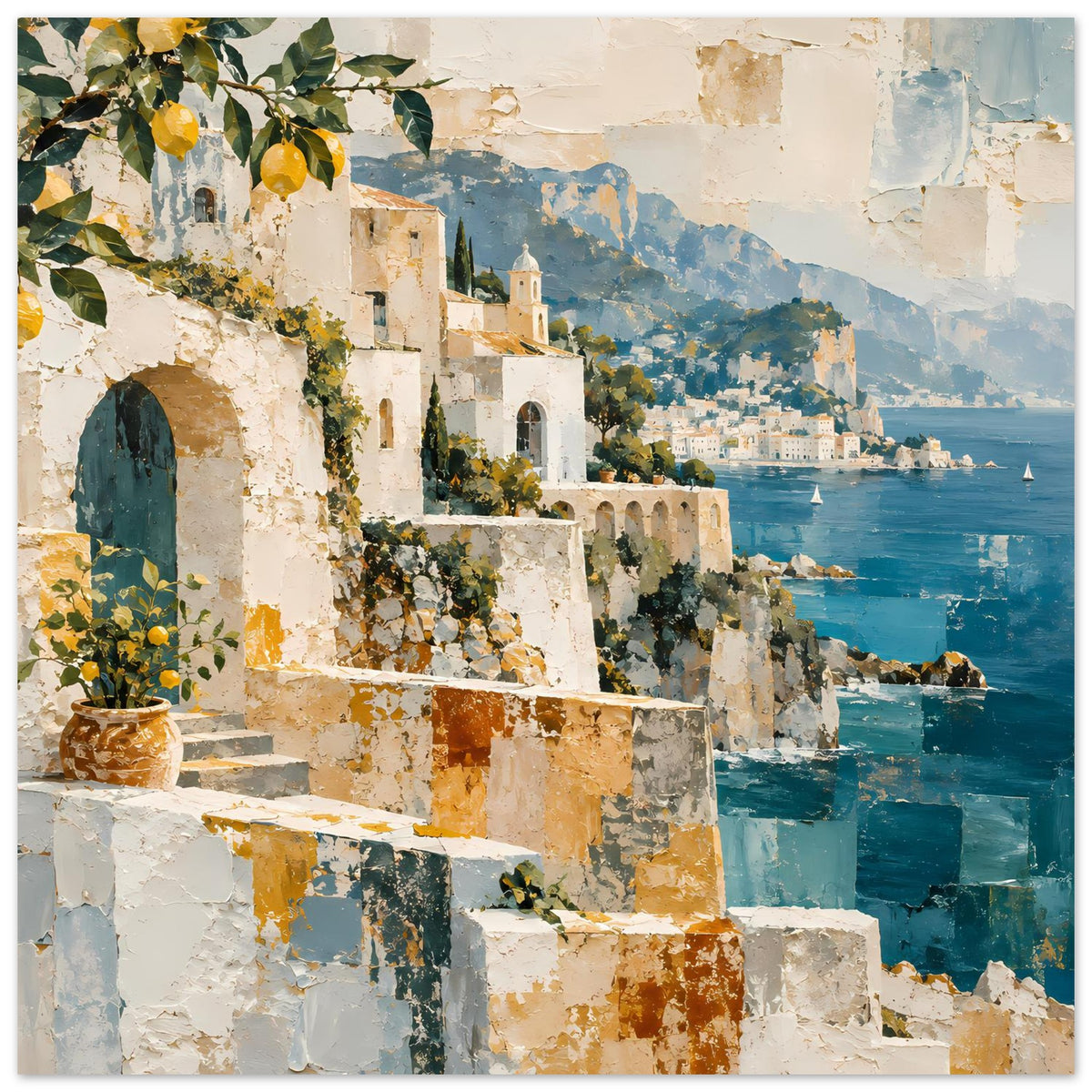 Kunstposter Querformat: Zitronenreben am Eingang, mediterrane Häuser und türkises Meer