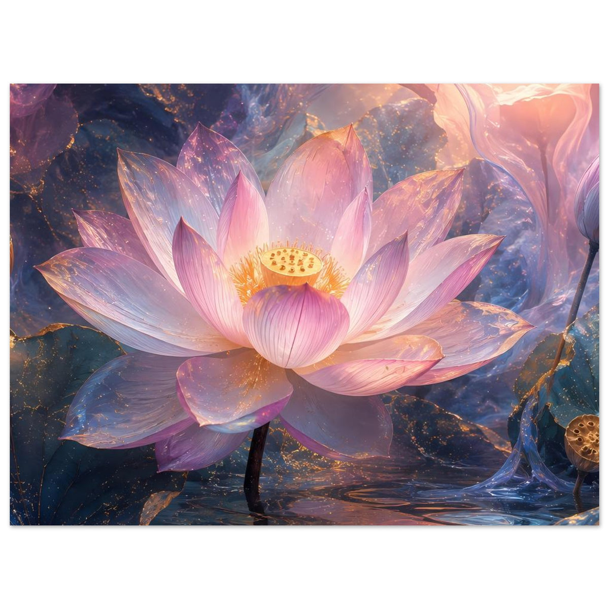 Lotusblüten-Poster: rosa Lotusblüte mit goldenem Zentrum, umgeben von blau-violetten Lichttönen