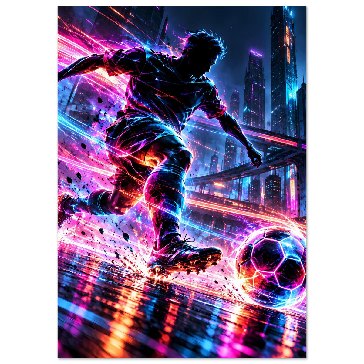 Neon-Soccer-Actionposter im Hochformat: Spieler in Neon-Optik, Fußball und Lichtstreifen