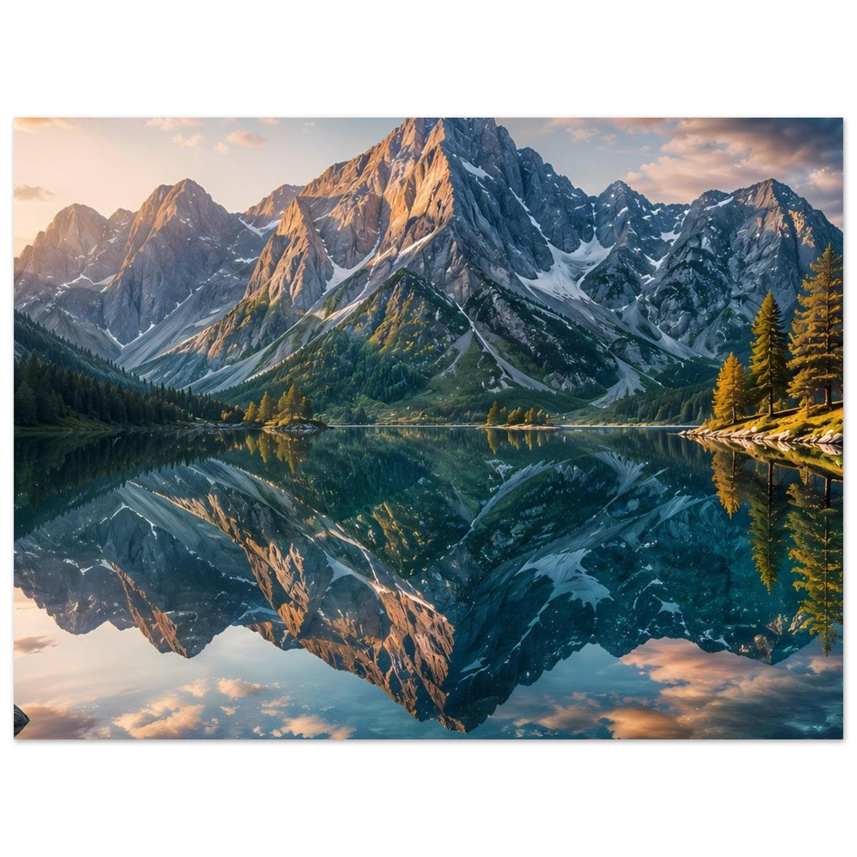 Poster mit Gebirgslandschaft und spiegelndem See, Querformat, Berge im warmen Sonnenlicht