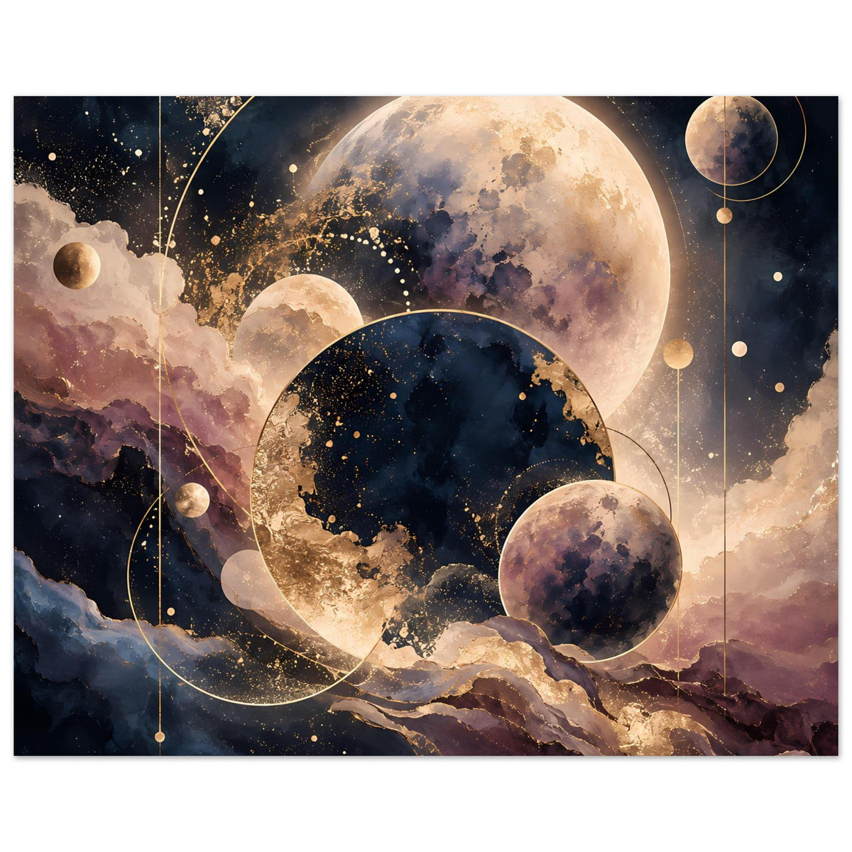 Poster im Querformat: große Monde und Planeten im Weltraum, Sterne und goldene Kreise
