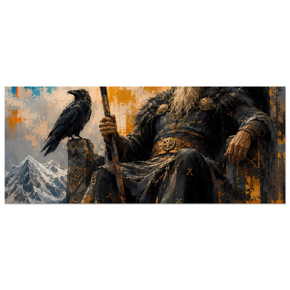 Querformatiges Norse-Gott Poster, Panorama: Krieger mit Speer und Rabe, kräftige Blau-Orange-Töne