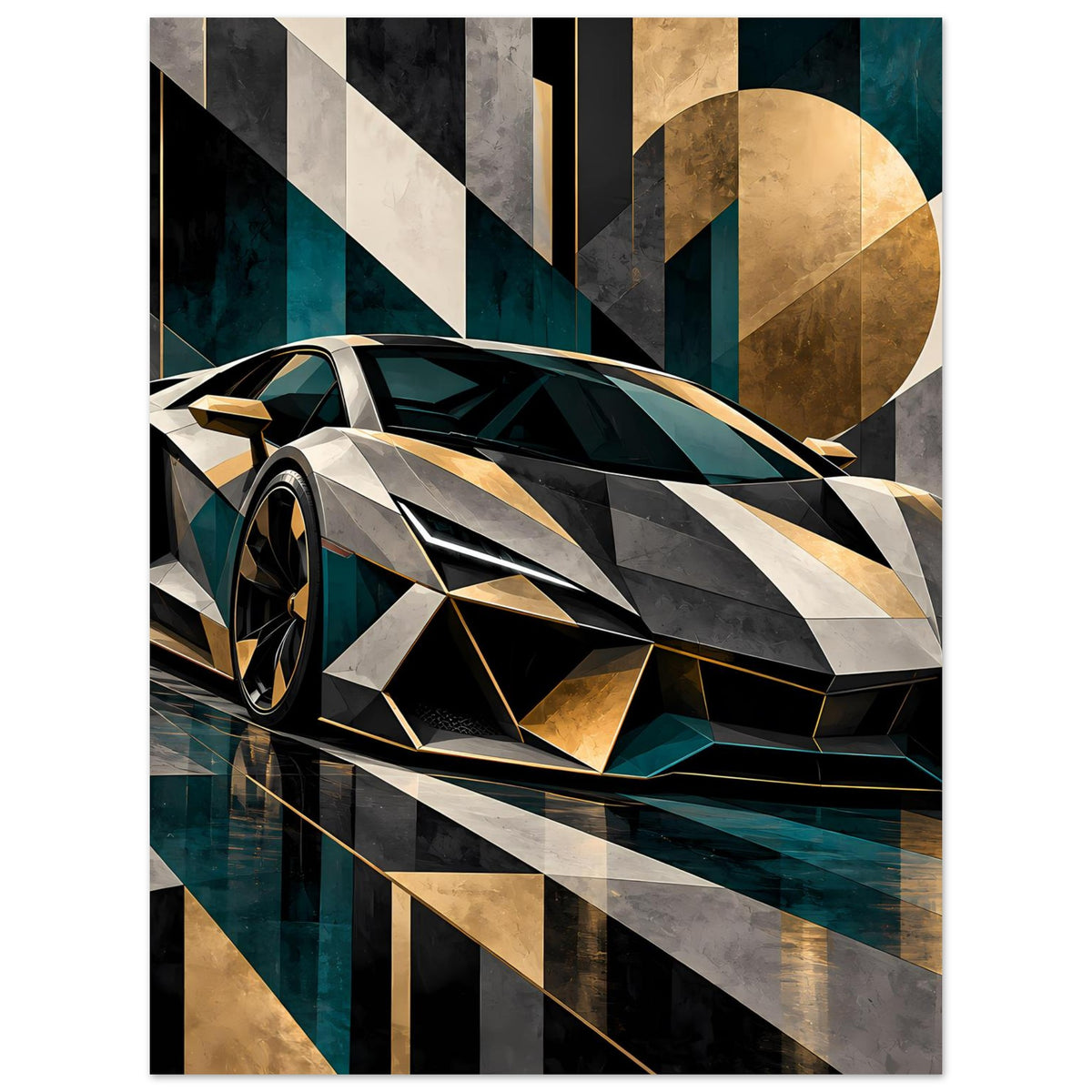 Sportwagen-Poster: Sportwagen 3/4, silber-schwarz, goldene Akzentstreifen, Petrolglas