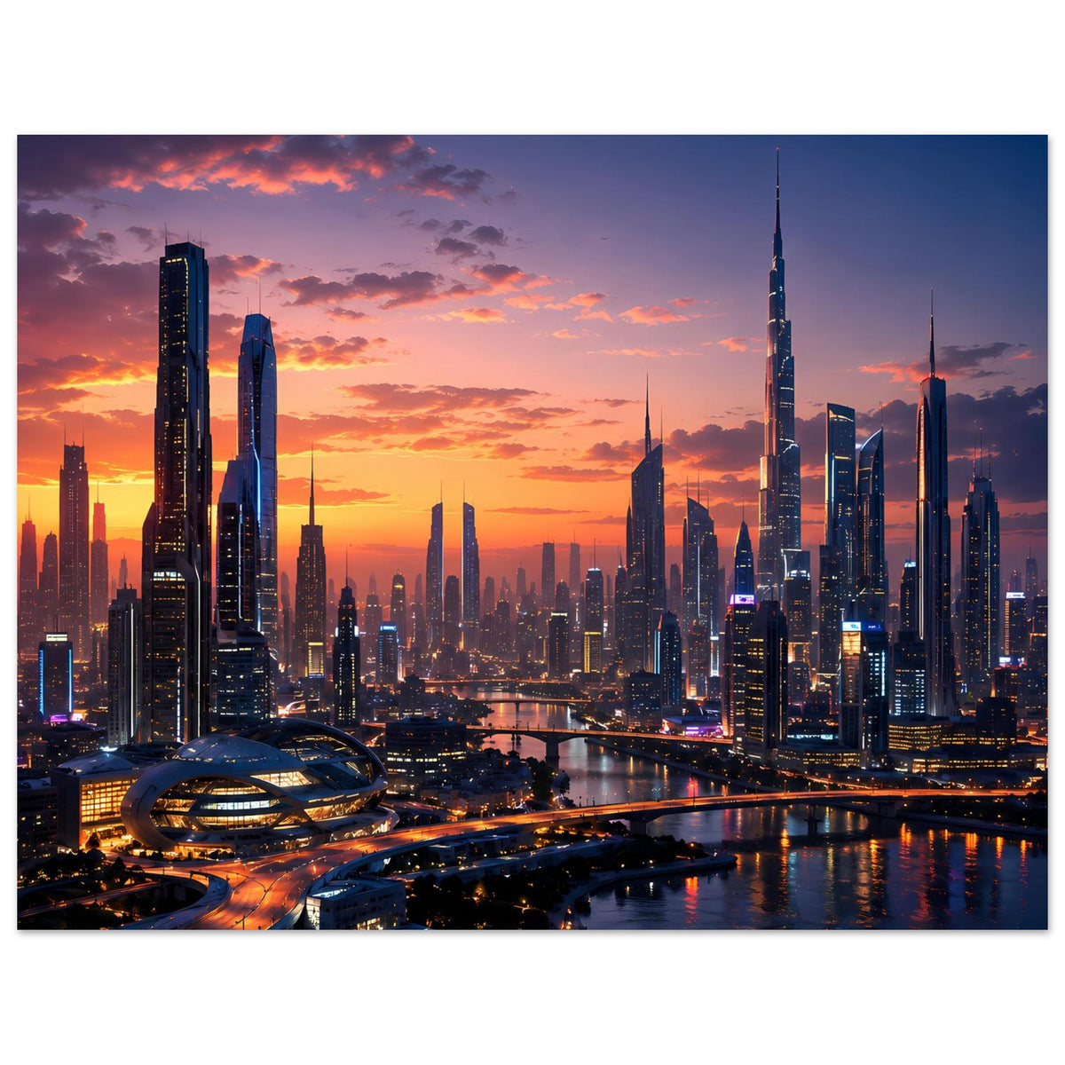 Querformat-Poster mit Skyline bei Sonnenuntergang, leuchtender Fluss und zahlreiche Hochhäuser