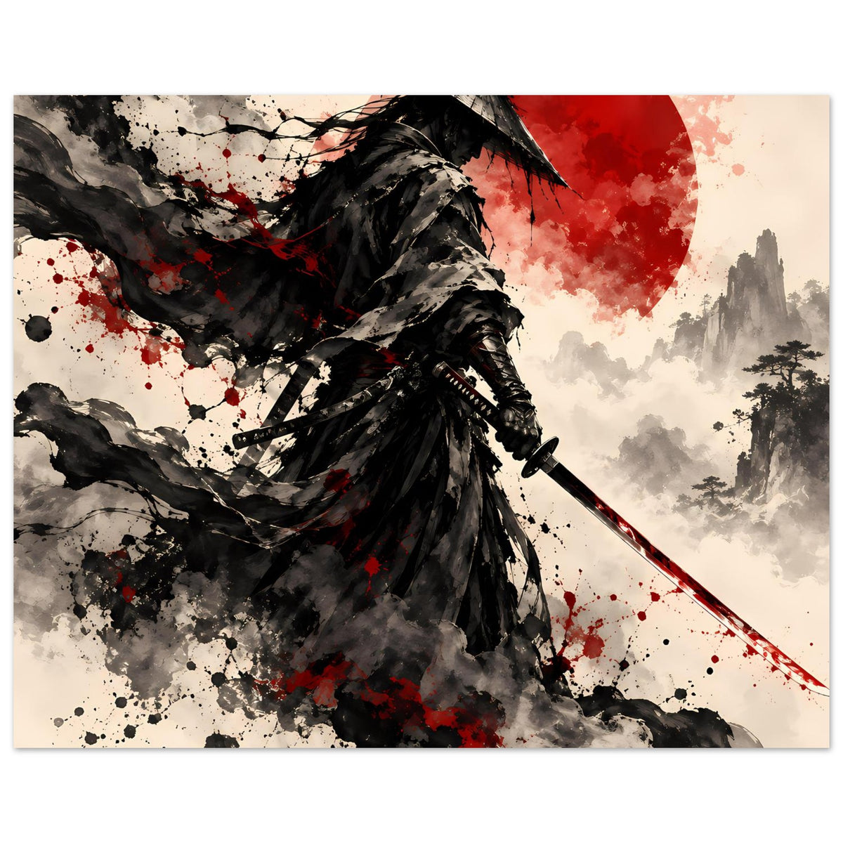 Samurai-Krieger-Poster im Querformat: schwarzes Rüstungsoutfit, roter Mond, Rauchwolken.