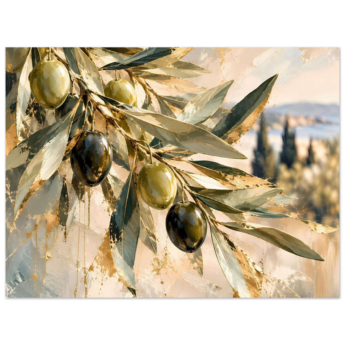 Querformatiges Kunstposter mit Olivenzweigen und hängenden Oliven in gold-olivem Look
