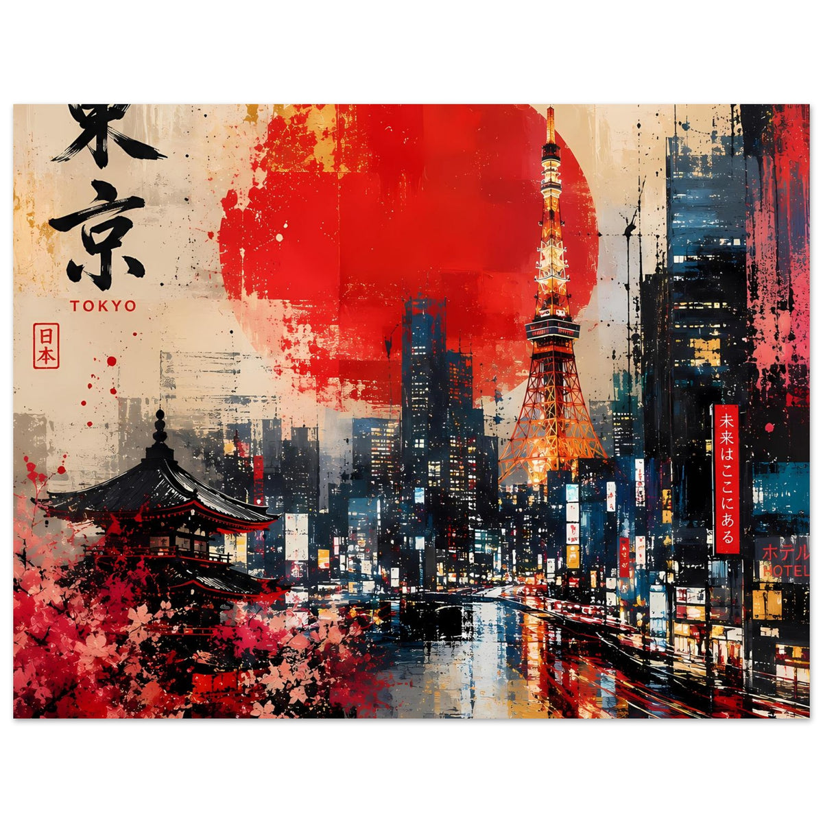Abstraktes Poster mit Tokio-Skyline, roter Sonne, Tokio-Turm und Schriftzeichen links