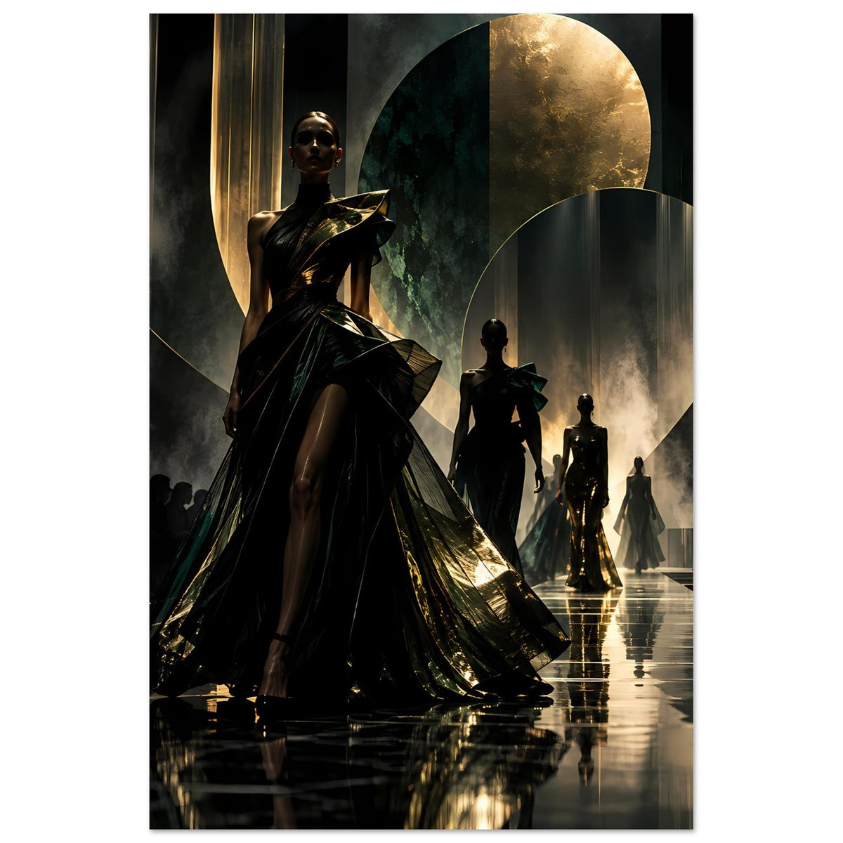 Poster mit Laufstegszene: dunkle Dame im glitzernden Schwarz-Gold-Kleid, weitere Silhouetten.