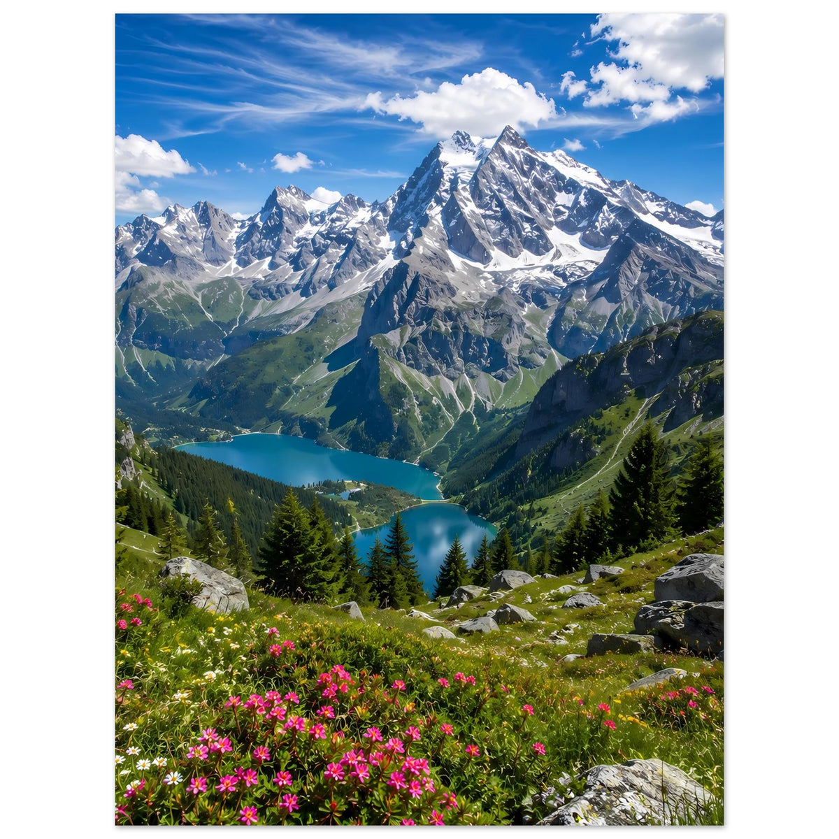 Alpenlandschaft-Poster, vertikal: imposante Berggipfel, grünes Tal und pinke Blumen im Vordergrund