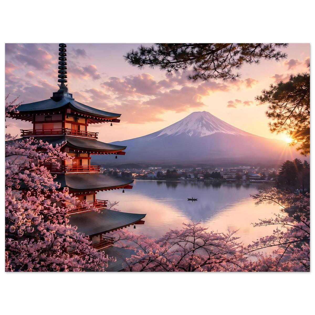 Querformat-Poster mit japanischer Pagode, Kirschblüten und Berg Fuji über stillem Wasser