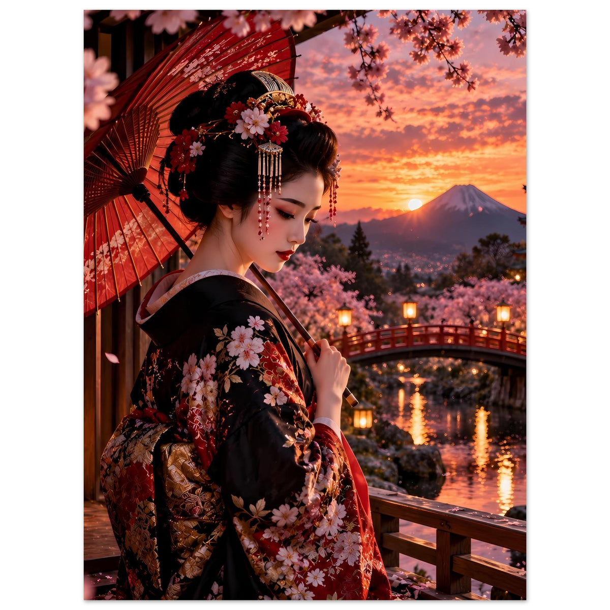 Poster: Frau im dunklen Kimono mit Kirschblüten, roter Fächer vor Kirschblüten-Ästen