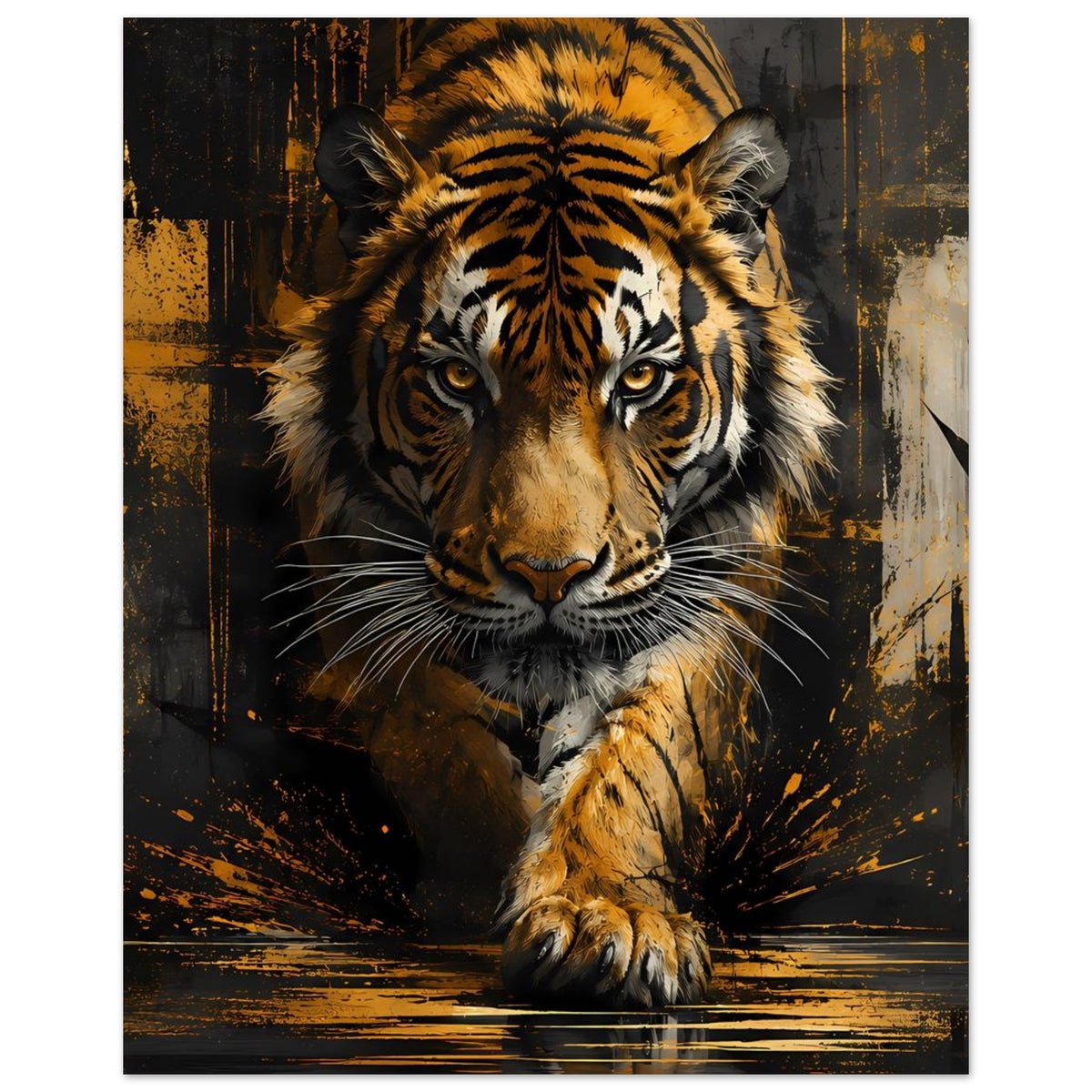 Poster mit Tiger nahe Ansicht, goldbraunes Fell und dynamisches Farbmuster