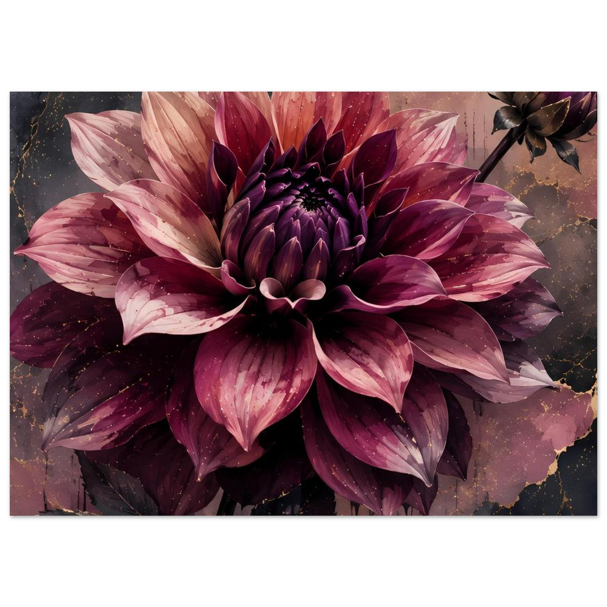 Horizontales Blumenposter mit großer Dahlie in Dunkelviolett und rosa Blütenblättern