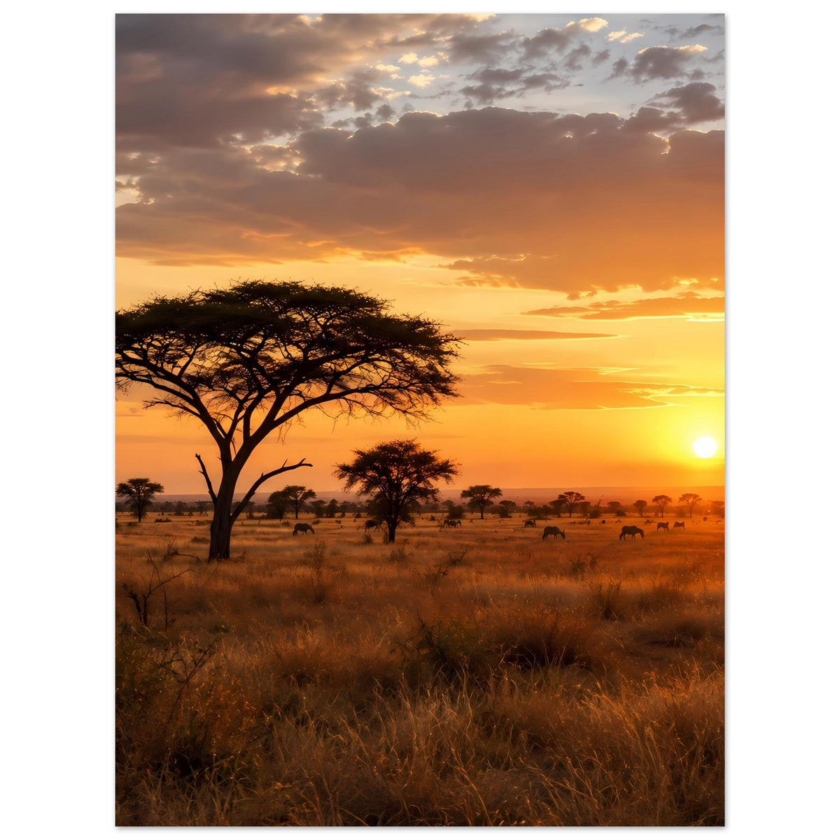 Kunstdruck: hochformatiger Kunstdruck mit Akazienbaum und Graslandschaft bei Sonnenuntergang