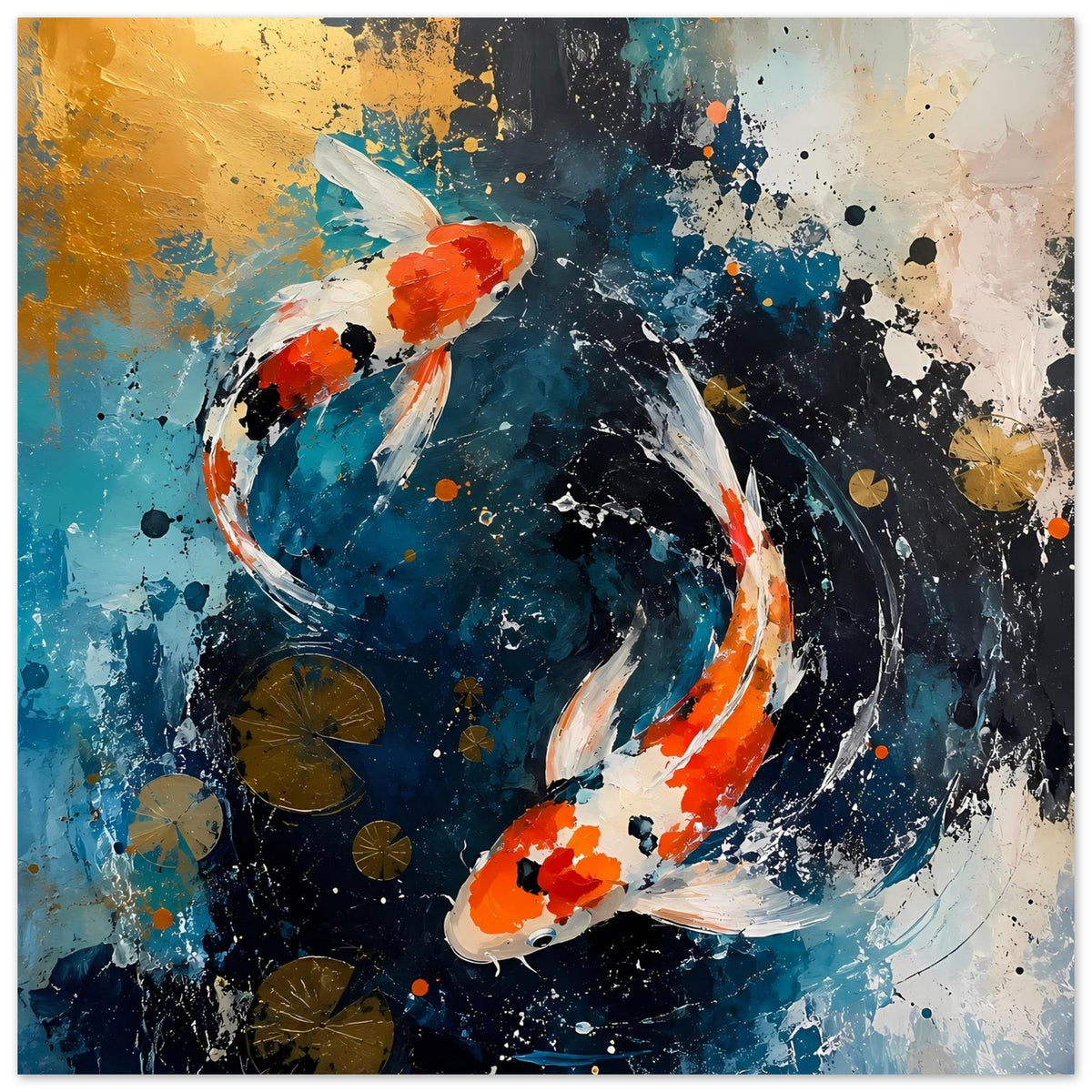 Abstraktes Koi-Poster mit zwei Fischen in Blau und Orange, Spritzsplatter-Optik