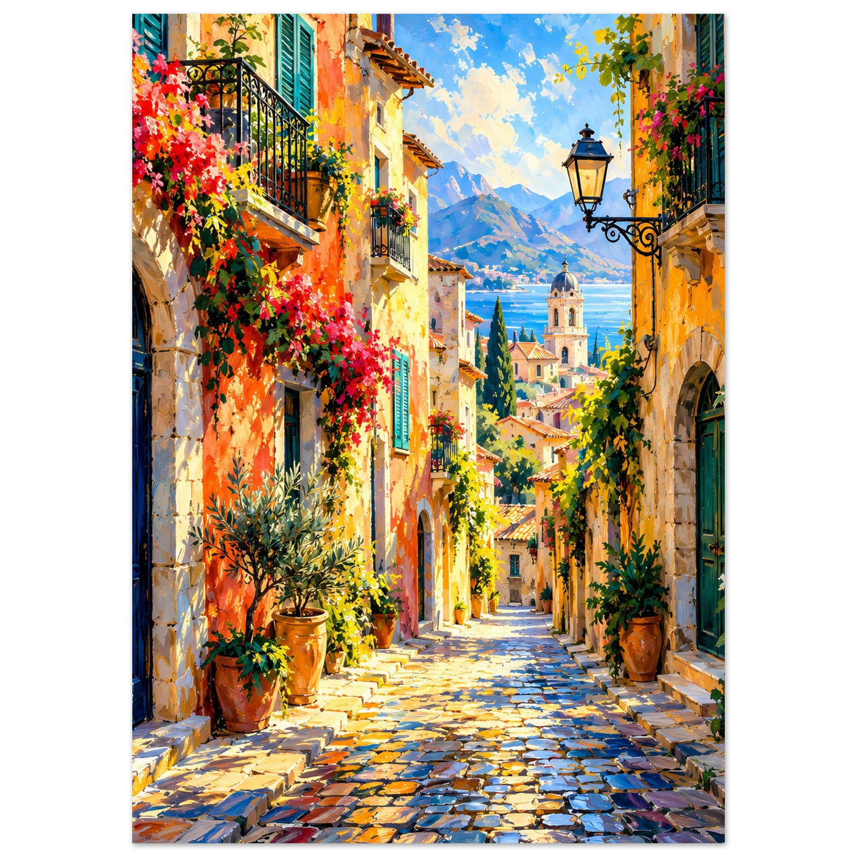 Kunstposter: mediterrane Gasse mit Straßenlaterne, bunten Fassaden, Pflanzkübeln und Bergen im Hintergrund
