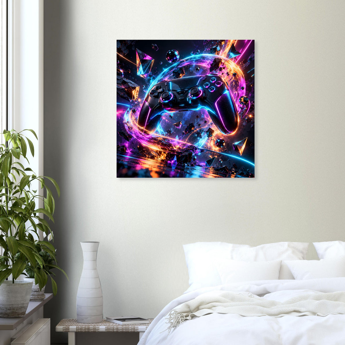 Wandposter mit leuchtendem Gaming-Controller-Motiv in buntes Neonlicht