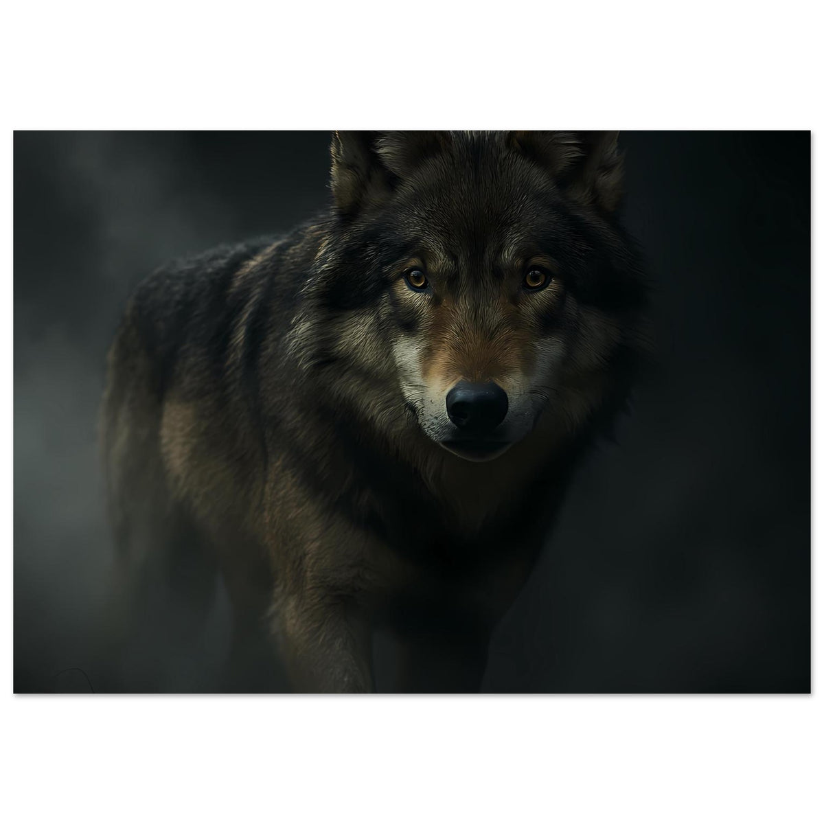 Wolfsporträt-Poster, querformatig, Gesicht und Brust des graubraunen Wolfs im Fokus