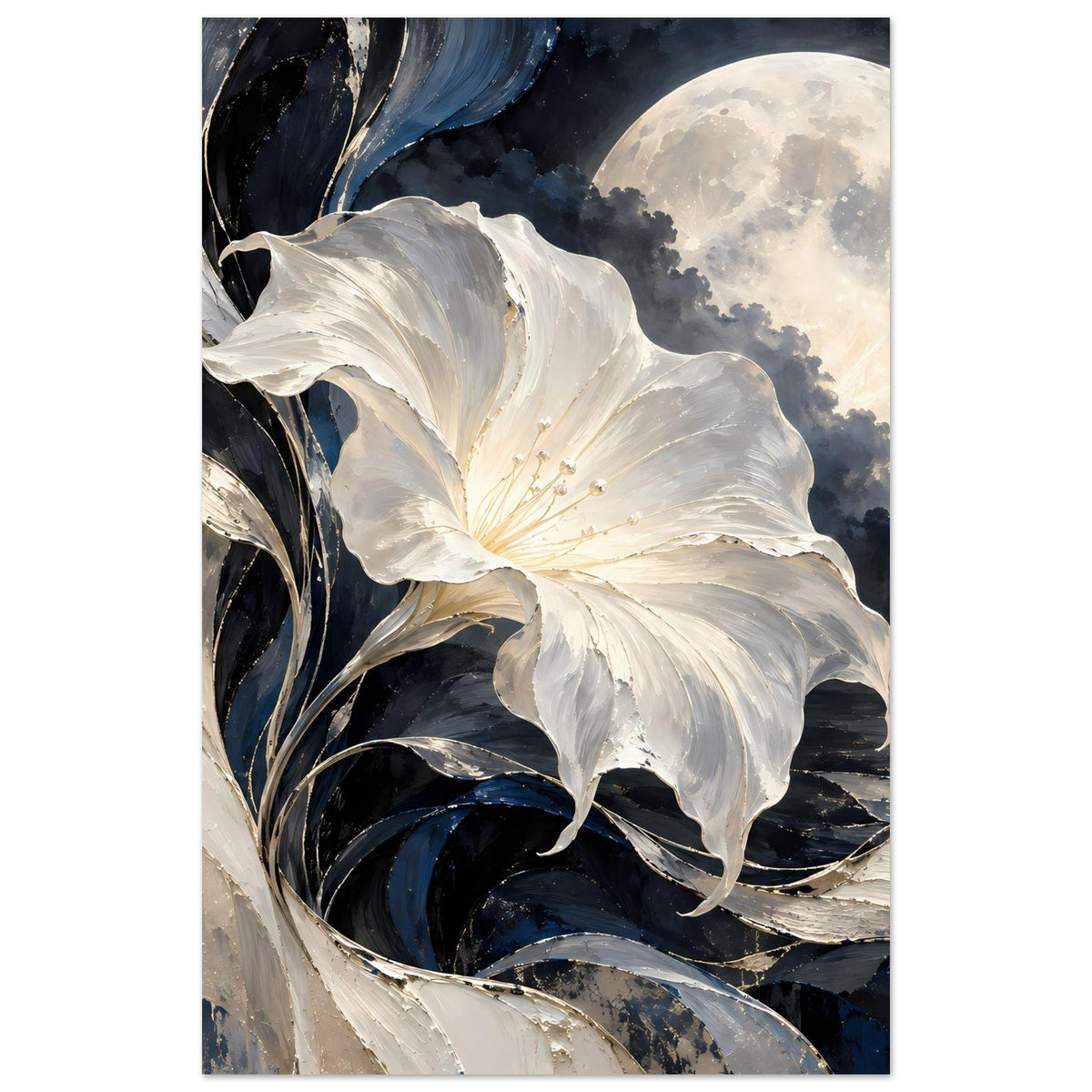 Vertikales Blumenposter: weiße Blüte vor Mond und dunklen Wolken, feine goldene Staubfäden