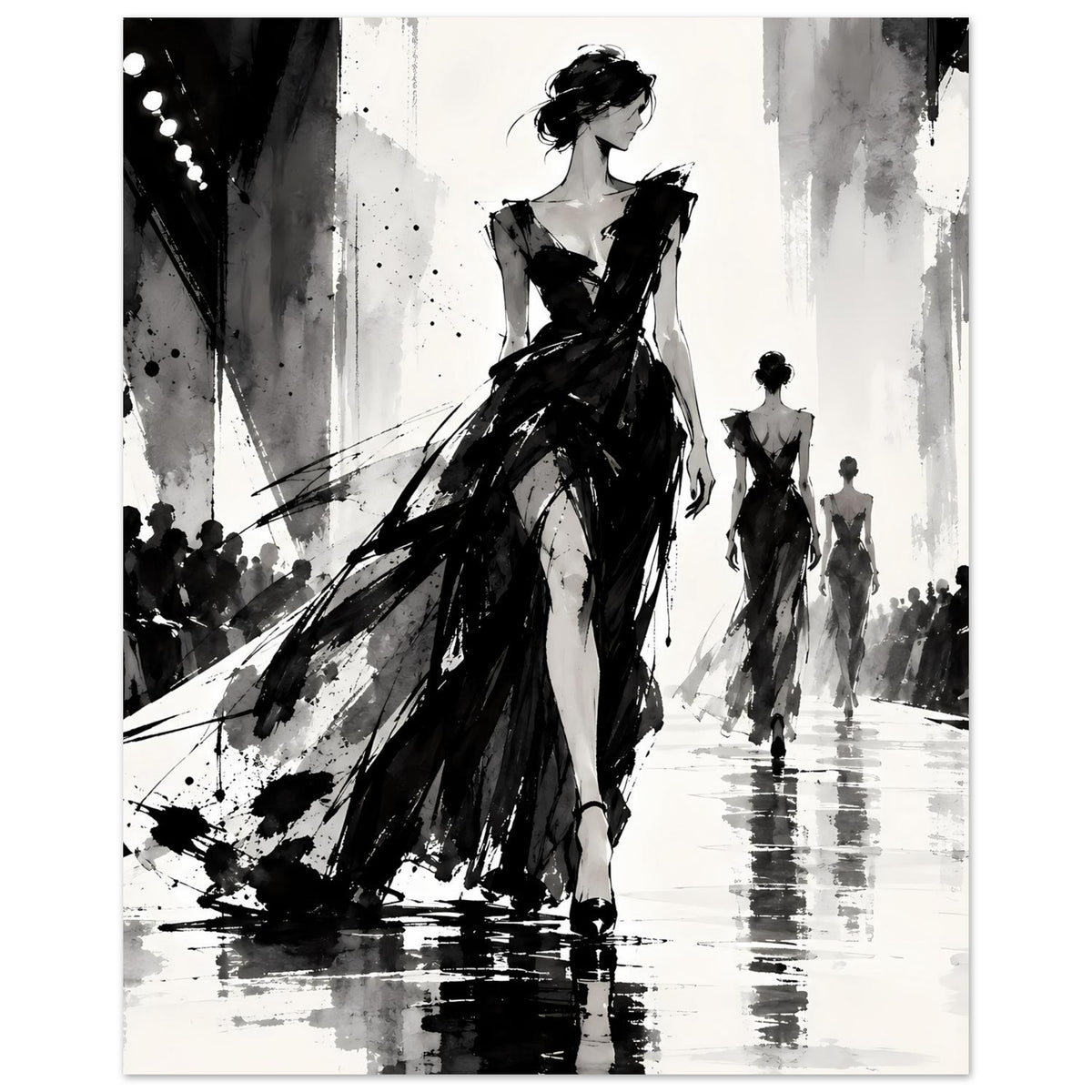 Schwarzweiß-Modeillustration als Poster: stehende Frau im Abendkleid, mehrere Größen kleineres Model dahinter.