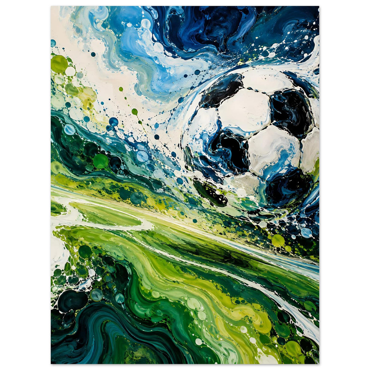 Fußball-Kunstposter mit abstrakter Fußballkugel in Blau und Grün, Farbspritzer, hochformatig