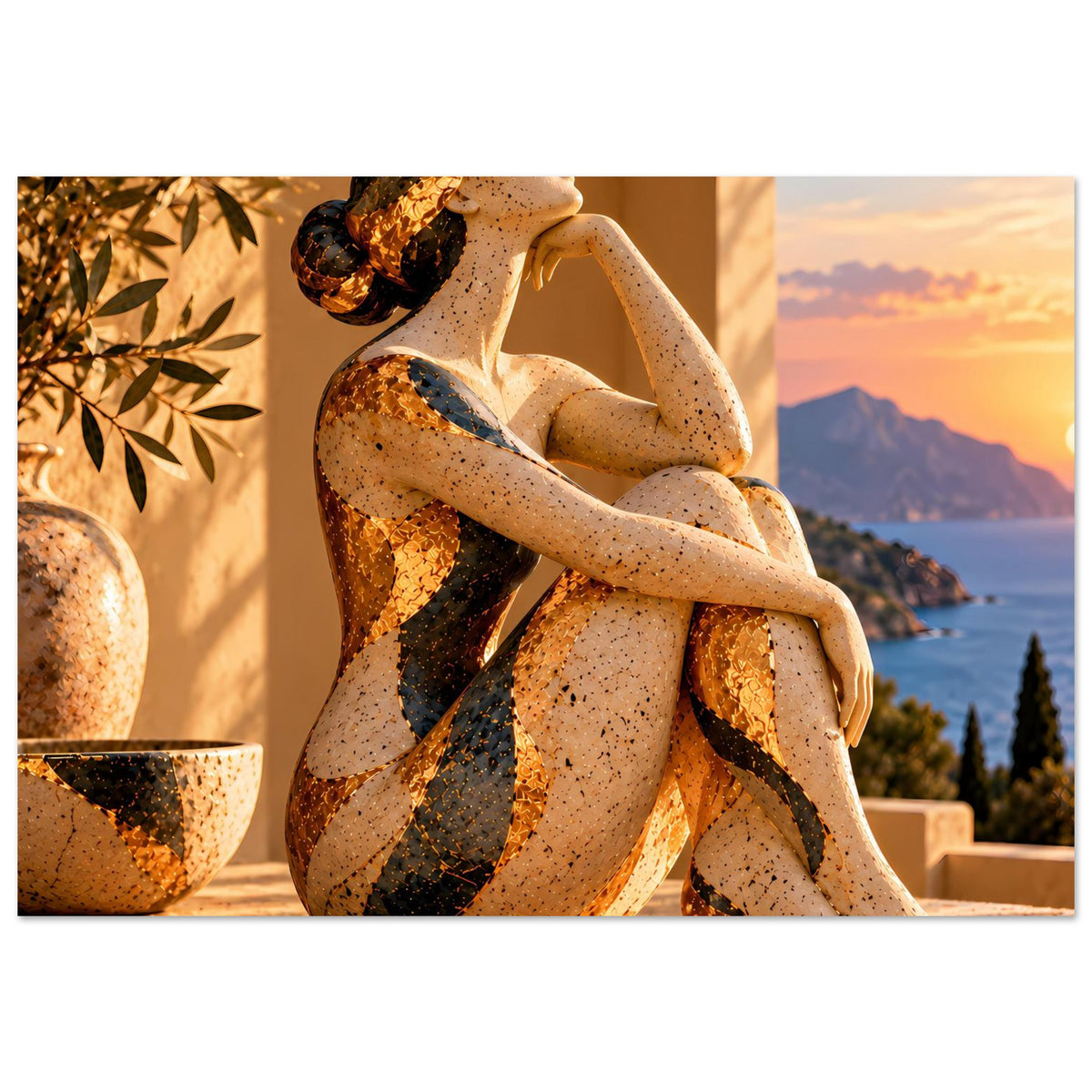 Kunstposter mit sitzender Aktfigur in Steinoptik, Meer und Berge im Hintergrund