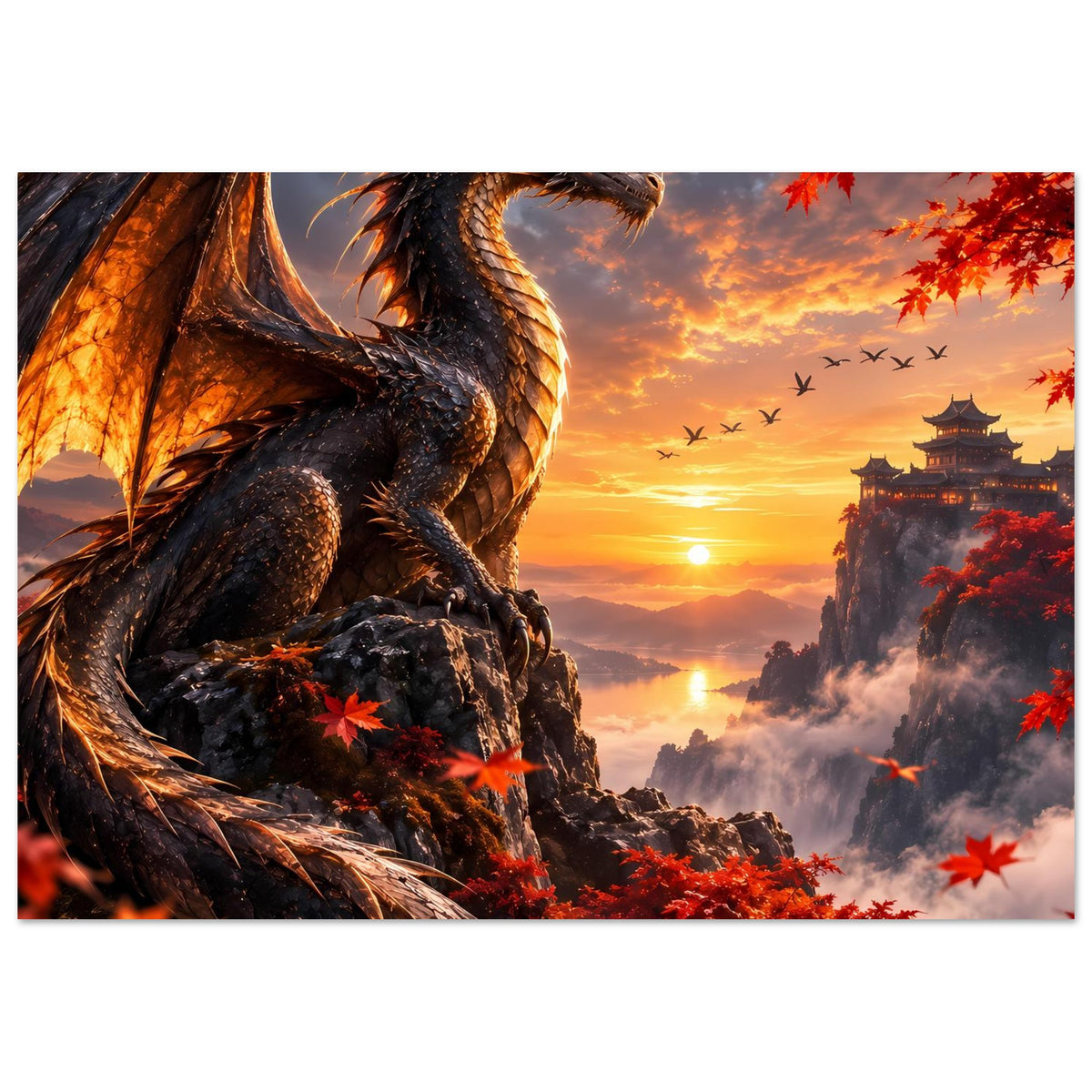 Horizontales Drachenposter: schwarzer Drache links, rote Blätter im Vordergrund, Tempelturm im Abendhimmel