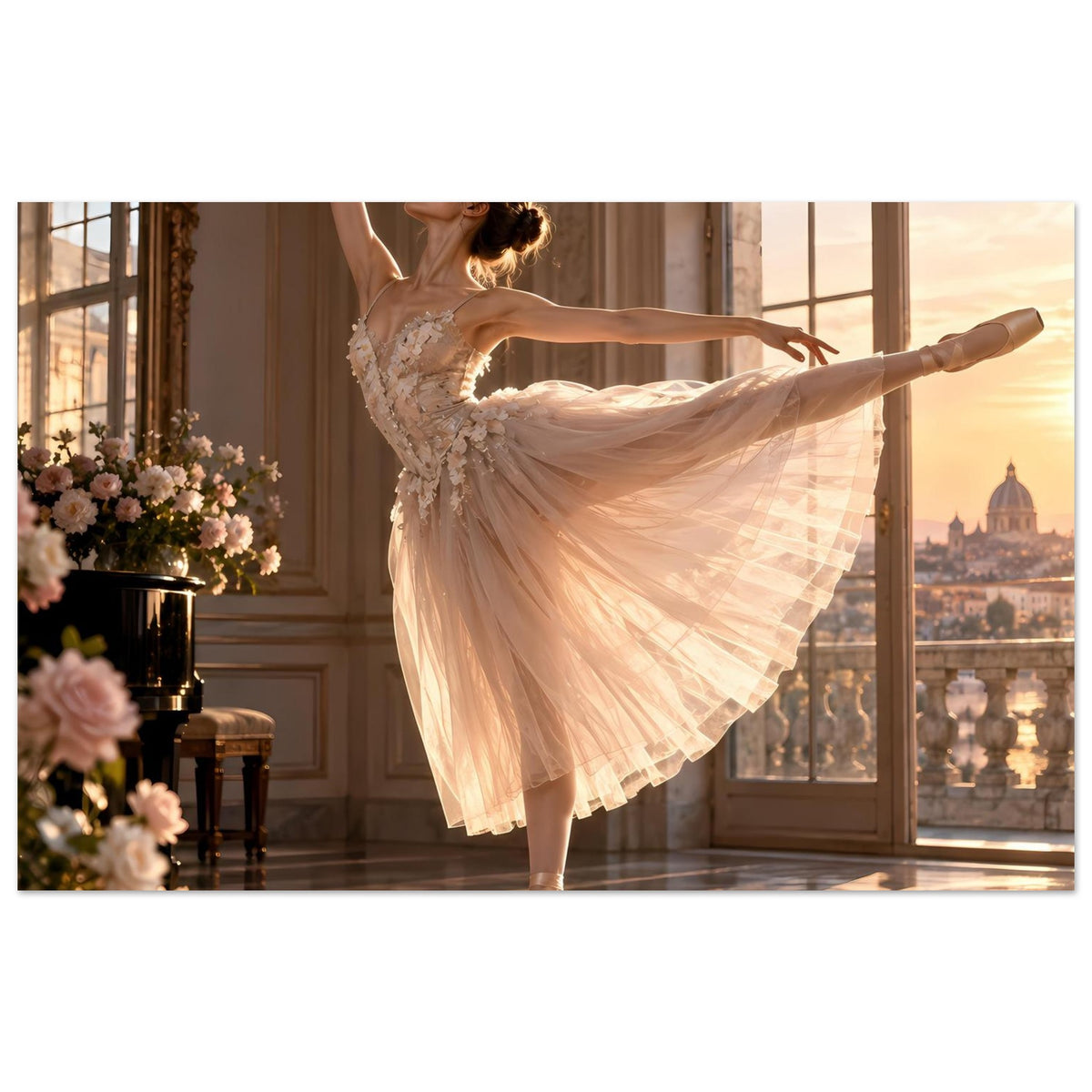 Ballerina im goldenen Tutu auf Poster, dramatisches Posing mit wehender Tüllröcke