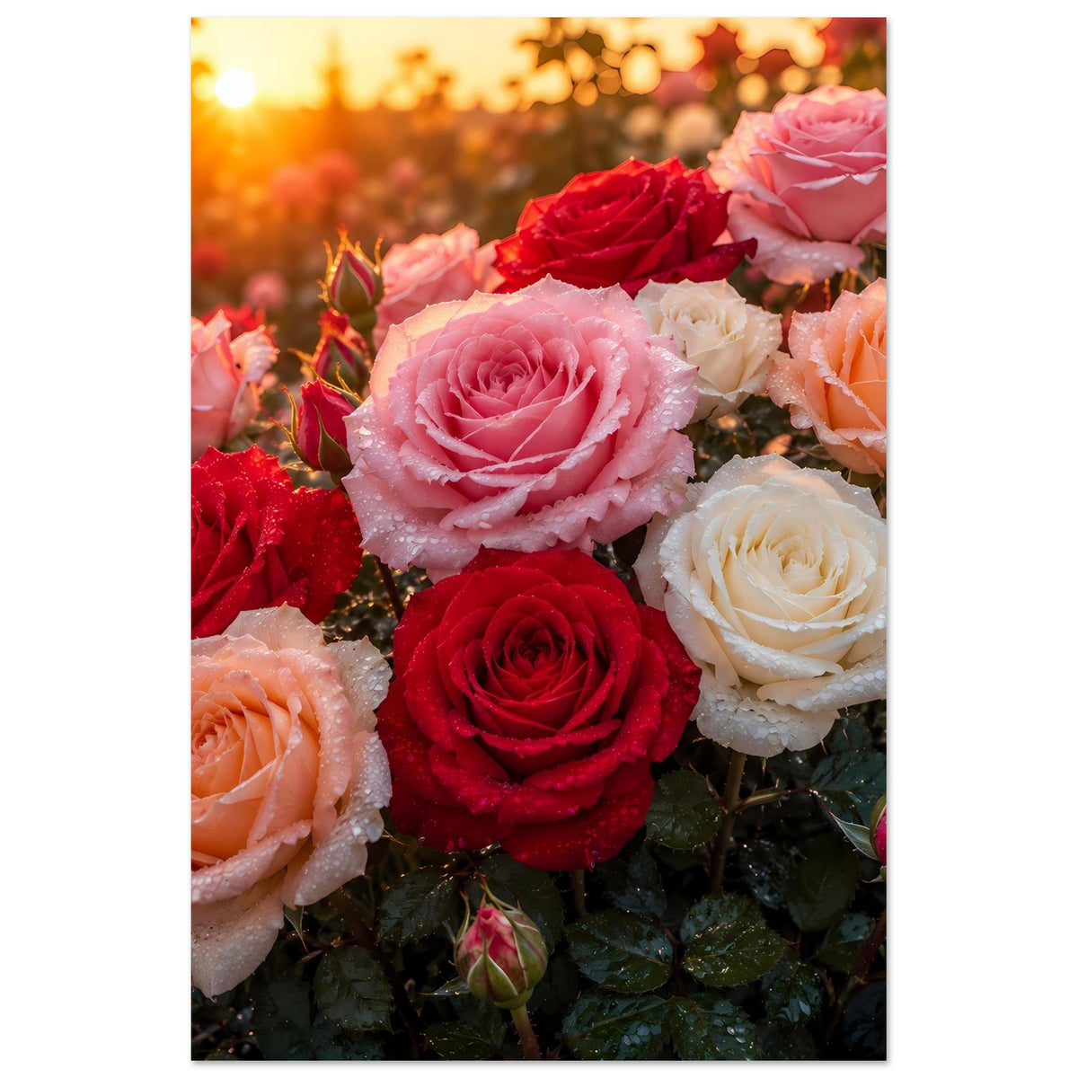 Poster in Hochformat mit Rosen in Rosa, Rot und Weiß bei warmem Licht