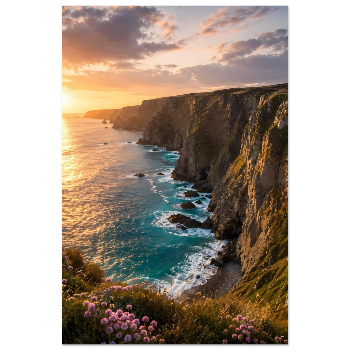 Hochformat-Poster mit Steilküste, Sonnenuntergang, türkisfarbenen Wellen und Blüten